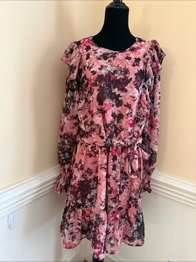 NWT Rachel Parcell Pink Floral Chiffon Dress with Brown Accents Size 18